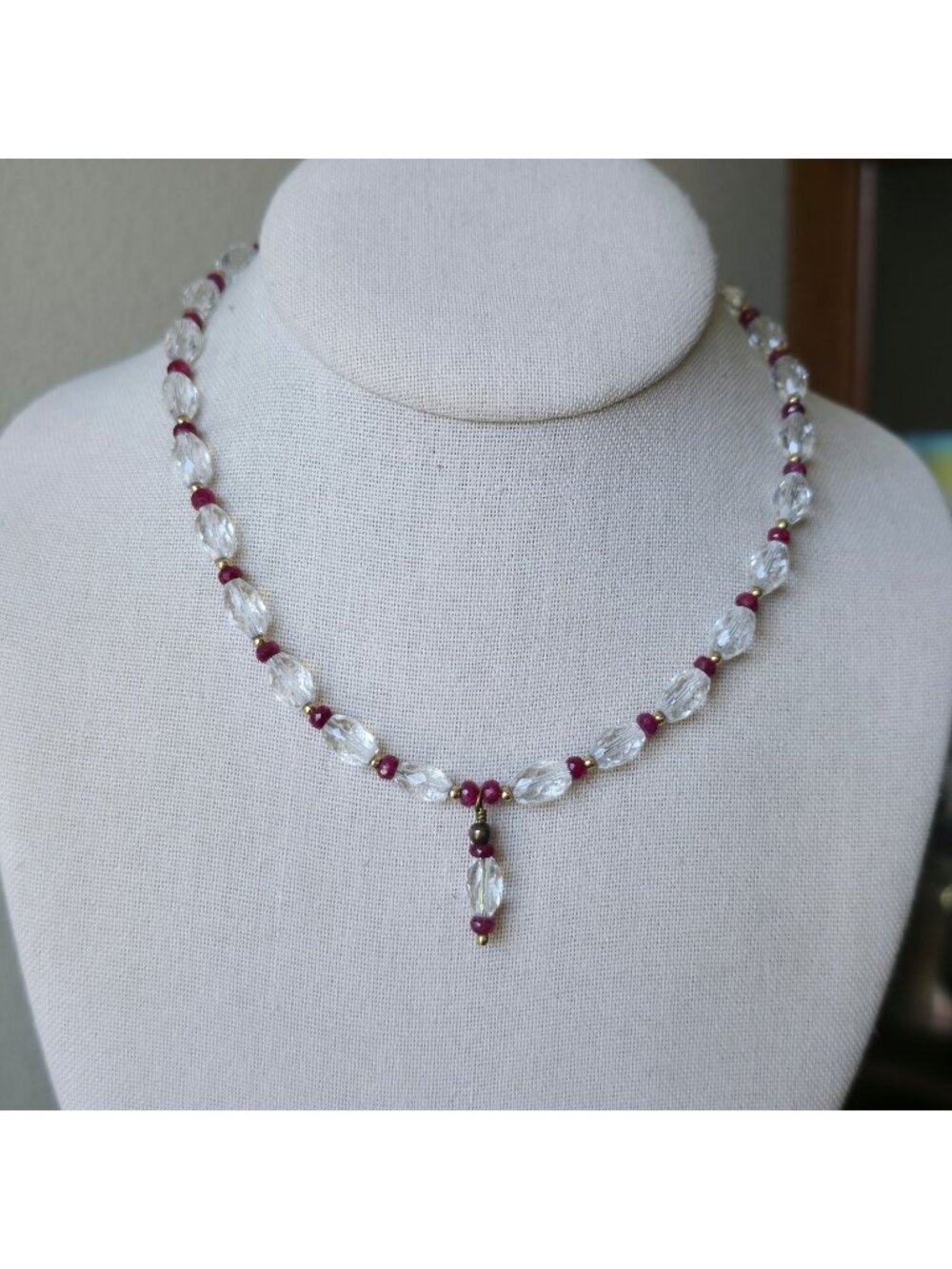 Vintage Faceted Glass Necklace Lab Created Ruby Beaded 14k Gold Filled Clasp